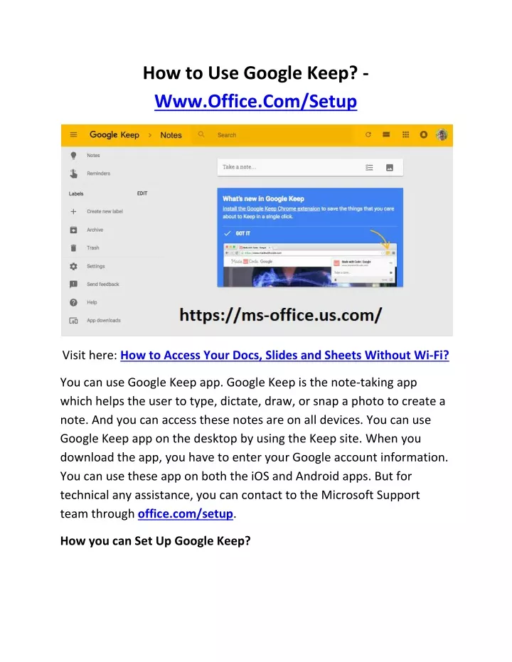 how to use google keep www office com setup