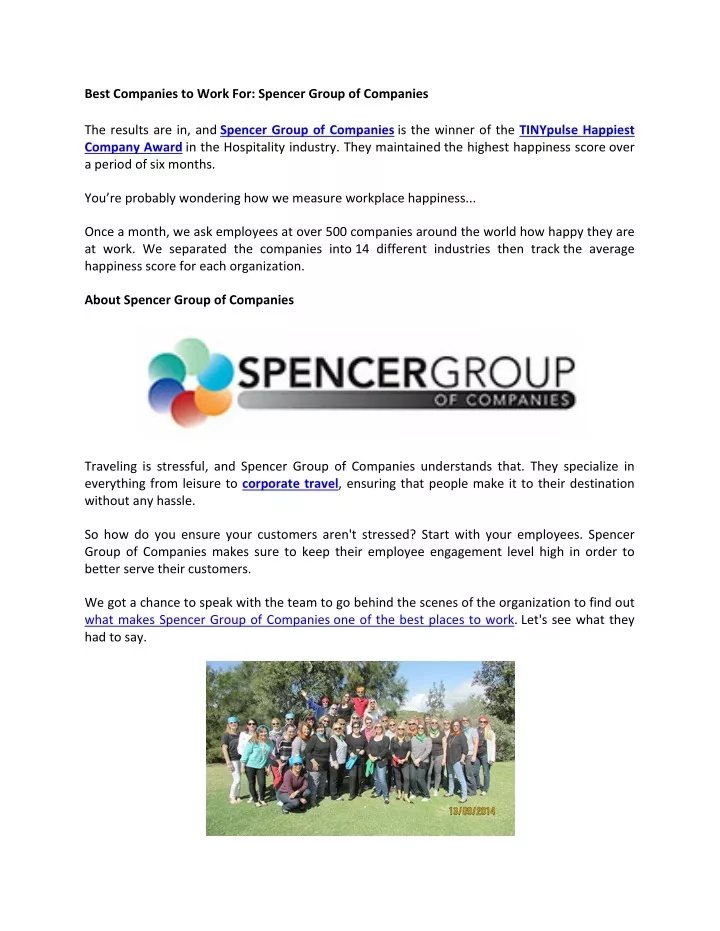 best companies to work for spencer group