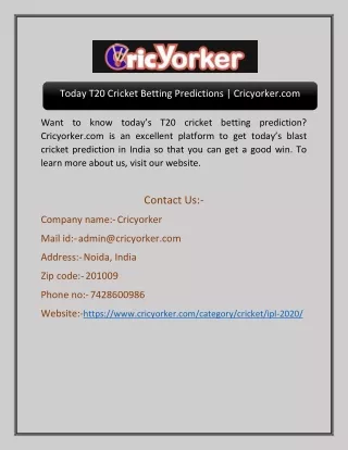 Today T20 Cricket Betting Predictions | Cricyorker.com