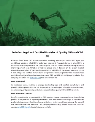 Endoflor: Legal and Certified Provider of Quality CBD and CBG Oil