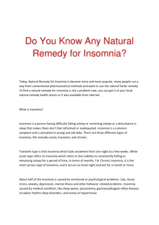Do You Know Any Natural Remedy for Insomnia?