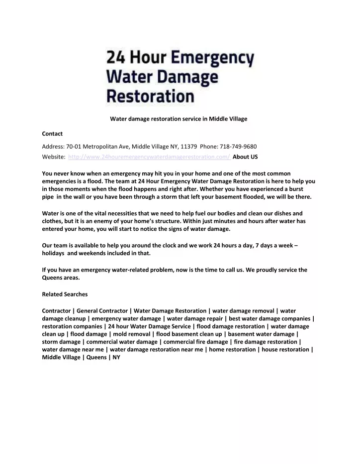 water damage restoration service in middle village