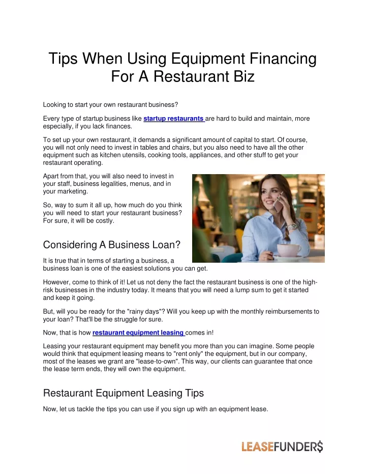 tips when using equipment financing for a restaurant biz
