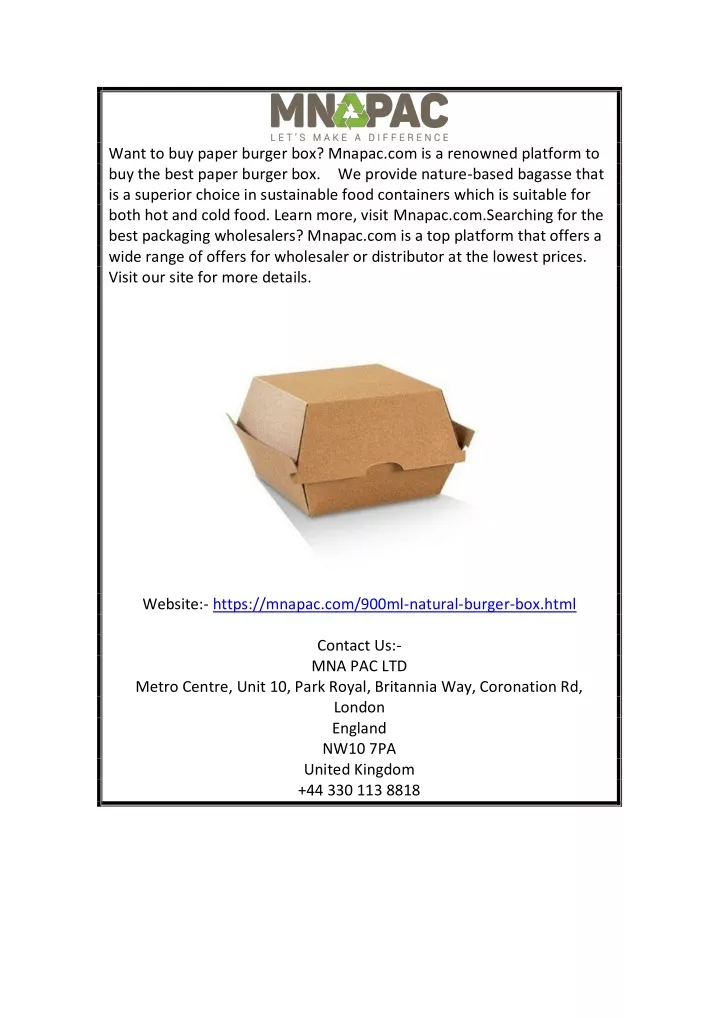 want to buy paper burger box mnapac
