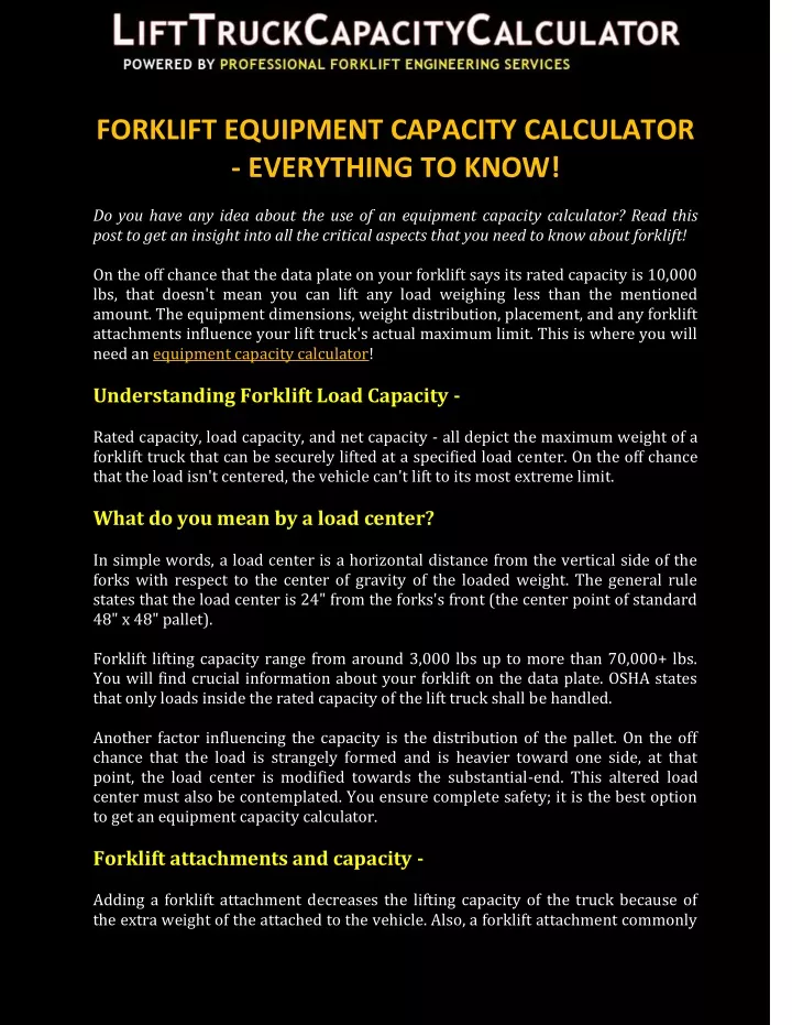 forklift equipment capacity calculator everything