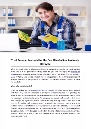 Trust Fermont Janitorial for the Best Disinfection Services in Bay Area