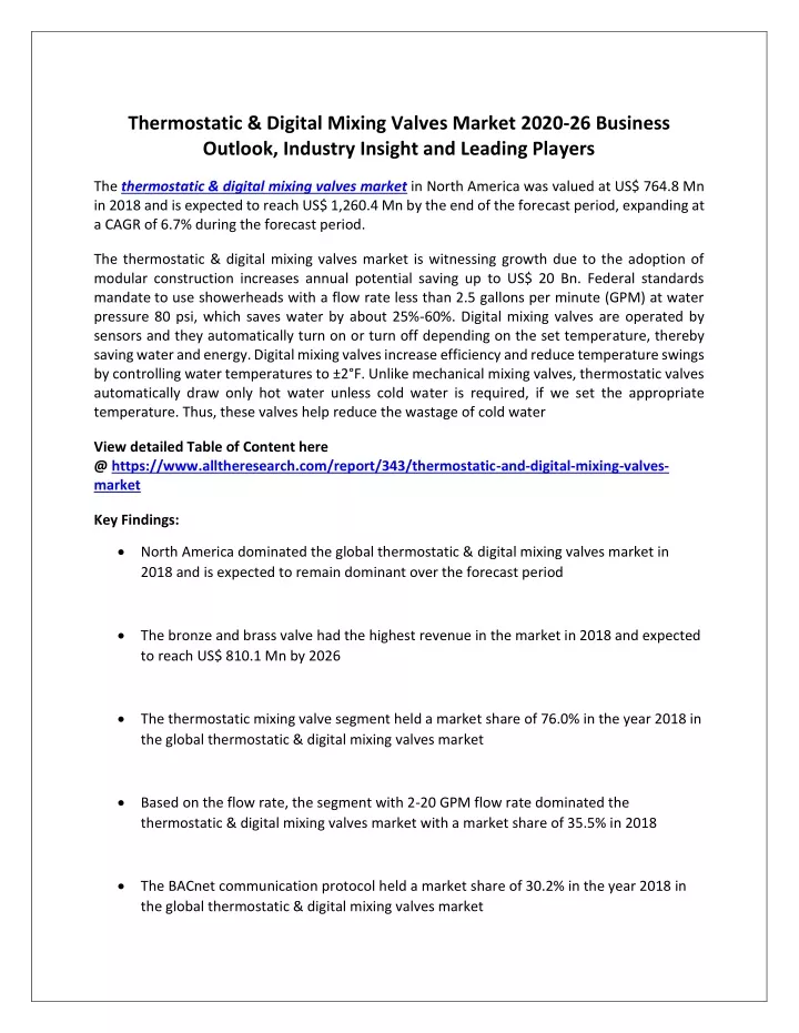 thermostatic digital mixing valves market 2020