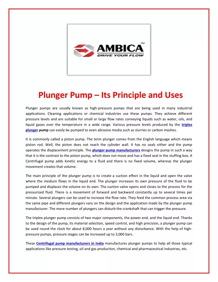 plunger pump its principle and uses