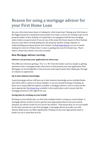 Reason for using a mortgage advisor for your First Home Loan