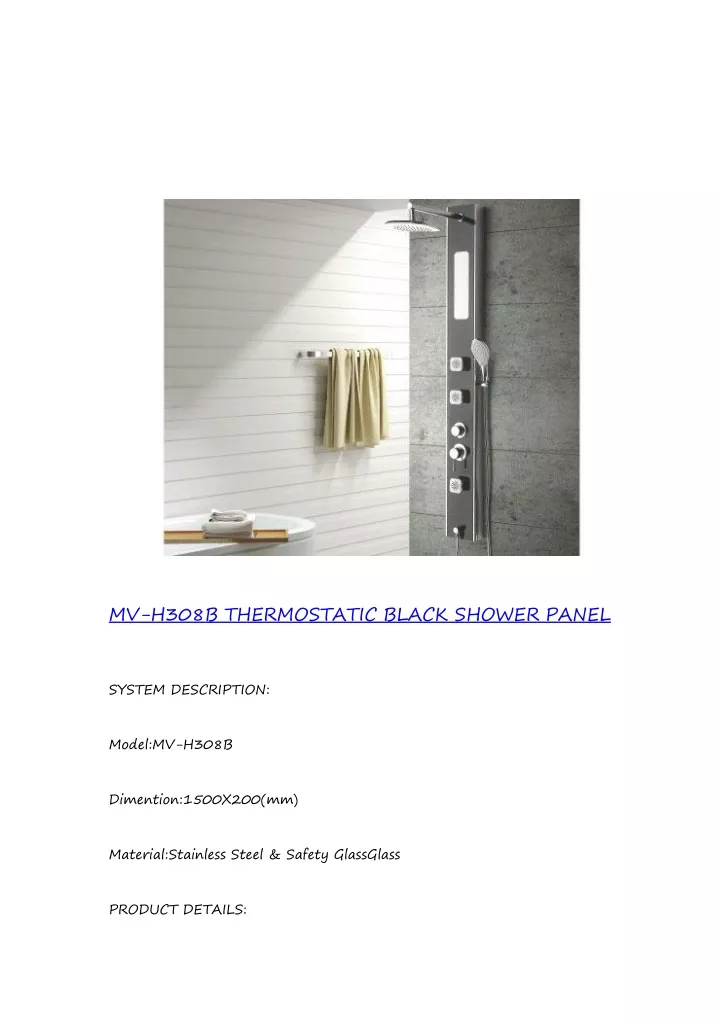 mv h308b thermostatic black shower panel