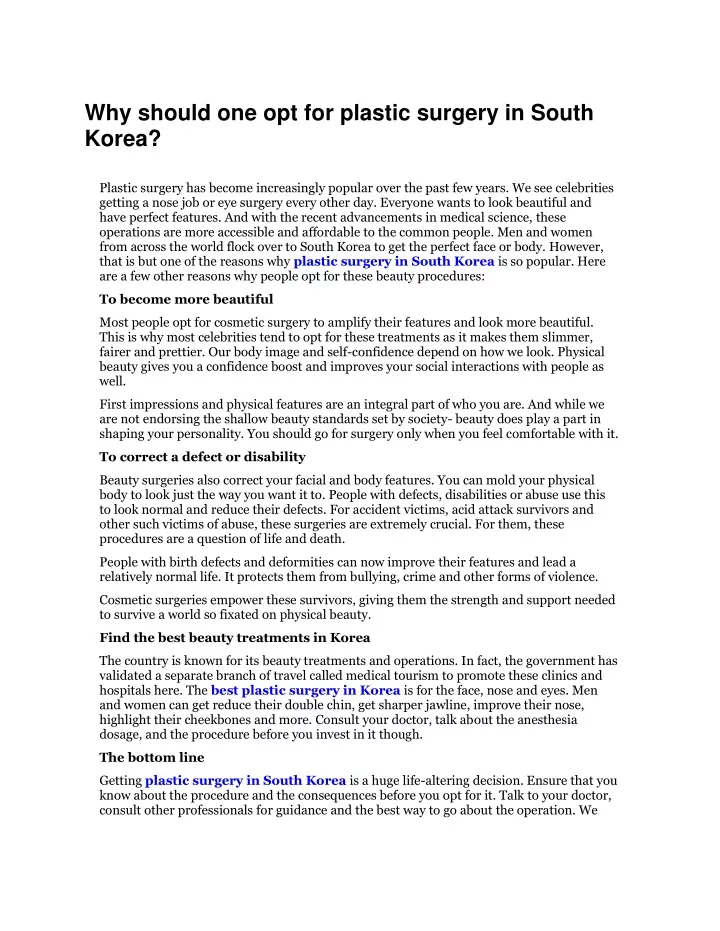 why should one opt for plastic surgery in south