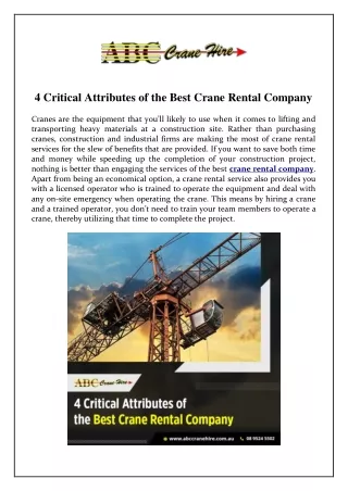 4 Critical Attributes of the Best Crane Rental Company