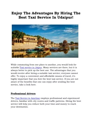 Enjoy The Advantages By Hiring The Best Taxi Service In Udaipur!