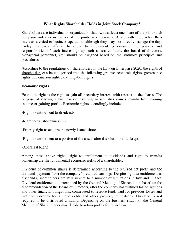 what rights shareholder holds in joint stock