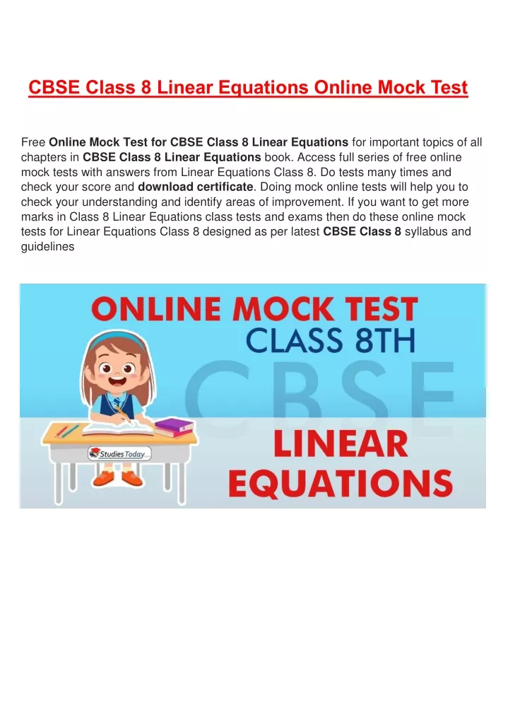 cbse class 8 linear equations online mock test