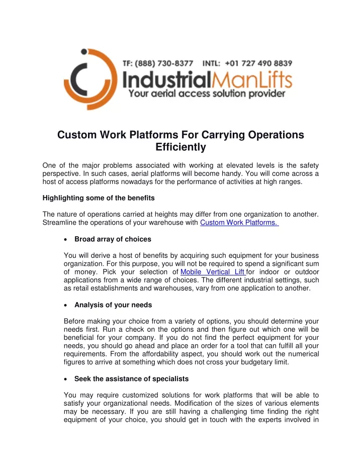 custom work platforms for carrying operations
