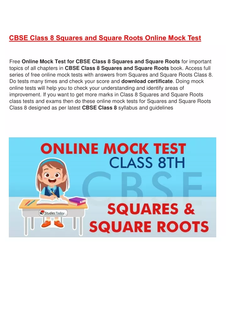 cbse class 8 squares and square roots online mock