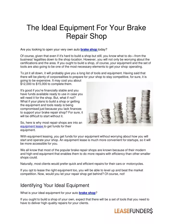the ideal equipment for your brake repair shop