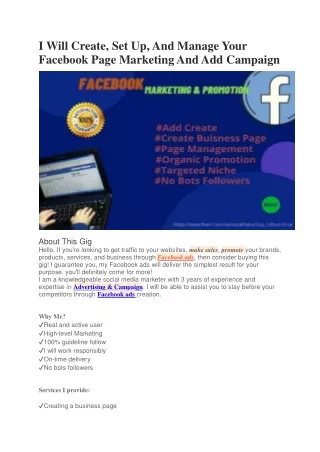 I will create, manage your facebook page marketing and add campaign