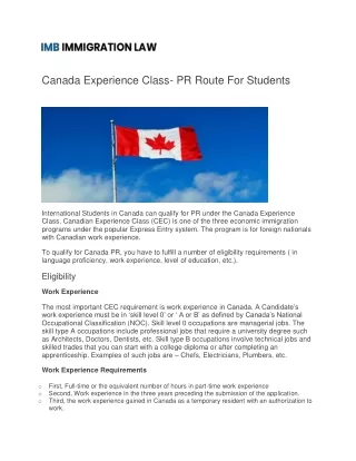 Canada Experience Class- PR Route For Students