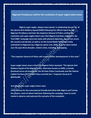 Nigerian Presidency confirm the resolution of super eagles latest news
