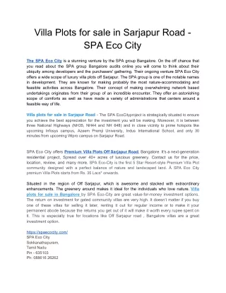 Villa Plots for sale in Sarjapur Road - SPA Eco City