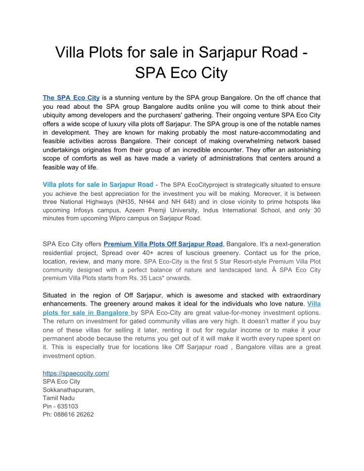 villa plots for sale in sarjapur road spa eco city