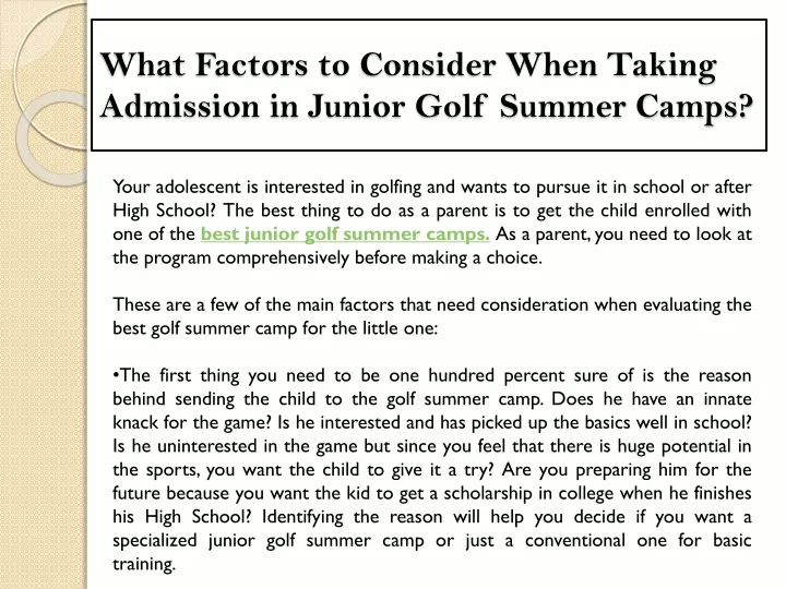 what factors to consider when taking admission in junior golf summer camps