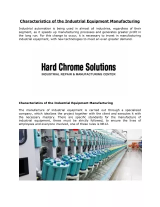 Characteristics of the Industrial Equipment Manufacturing