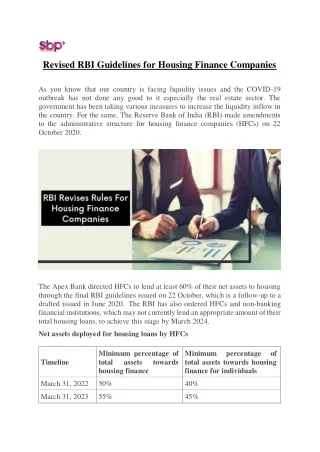 Revised RBI Guidelines for Housing Finance Companies