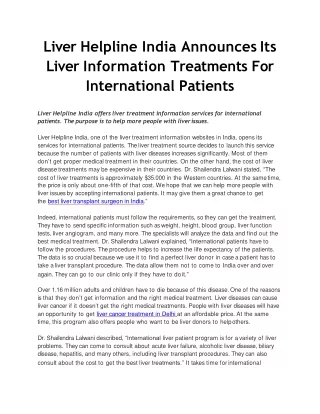 Liver Helpline India Announces Its Liver Information Treatments For International Patients