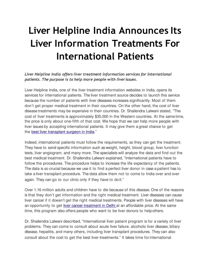 liver helpline india announces its liver information treatments for international patients