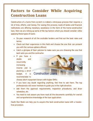 Factors to Consider While Acquiring Construction Loans
