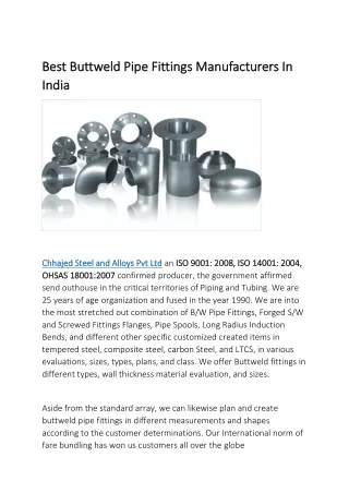 Best Buttweld Pipe Fittings Manufacturers In India