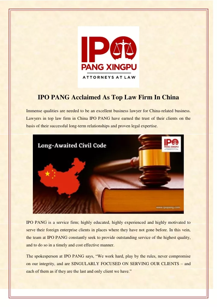 ipo pang acclaimed as top law firm in china