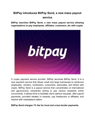BitPay Introduces BitPay Send, A New Mass Payout Service