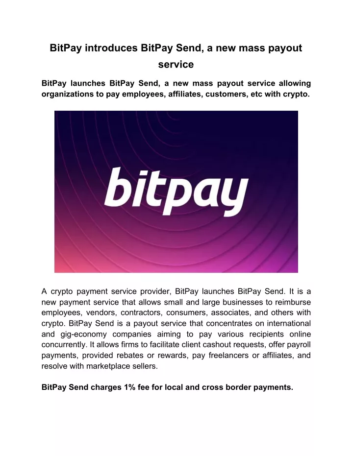 bitpay introduces bitpay send a new mass payout