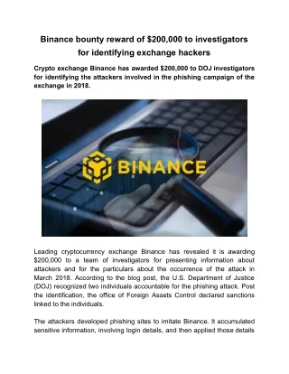 Binance bounty reward of $200,000 to investigators for identifying exchange hackers