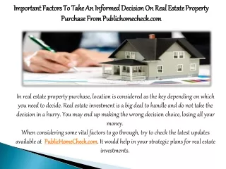 Important Factors To Take An Informed Decision On Real Estate Property Purchase From Publichomecheck.Com