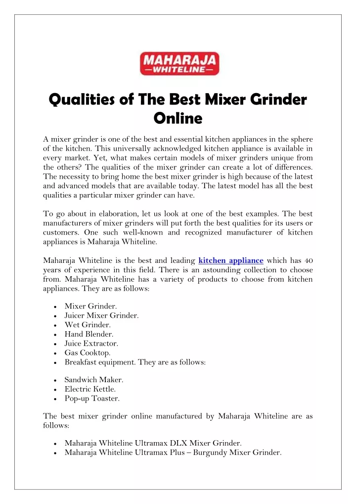 qualities of the best mixer grinder online