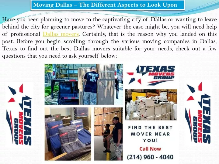 moving dallas the different aspects to look upon