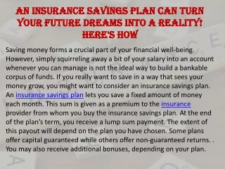 An Insurance Savings Plan Can Turn Your Future Dreams Into A Reality! Here's How
