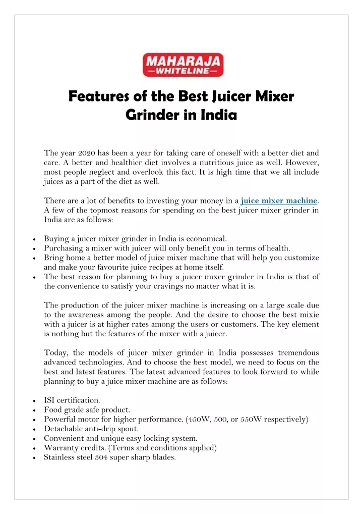 features of the best juicer mixer grinder in india