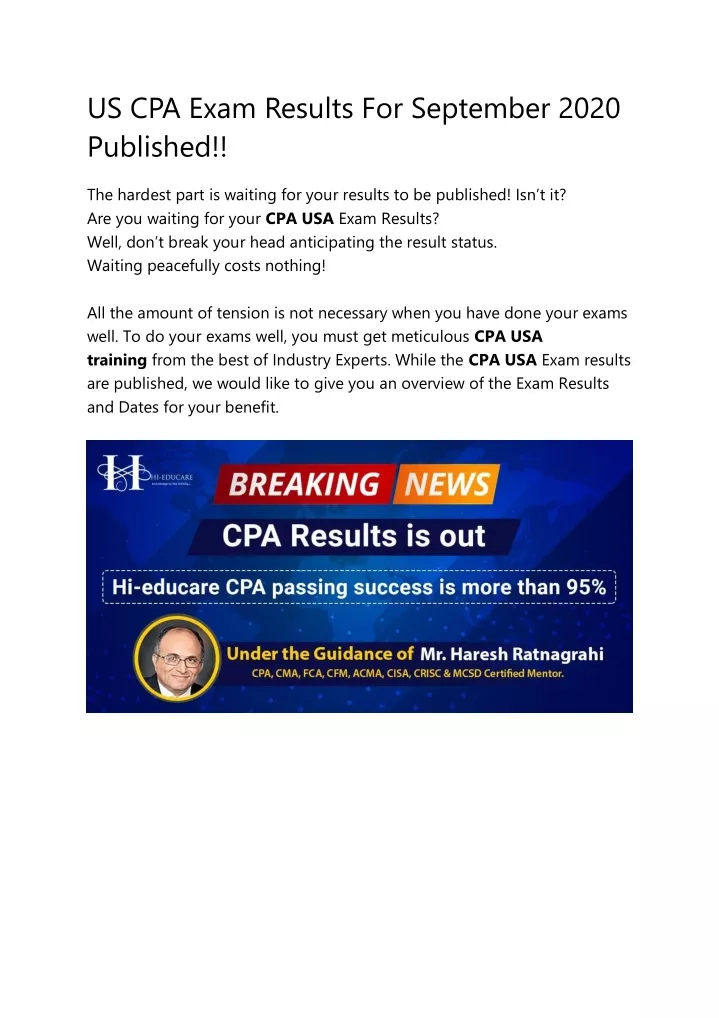 us cpa exam results for september 2020 published