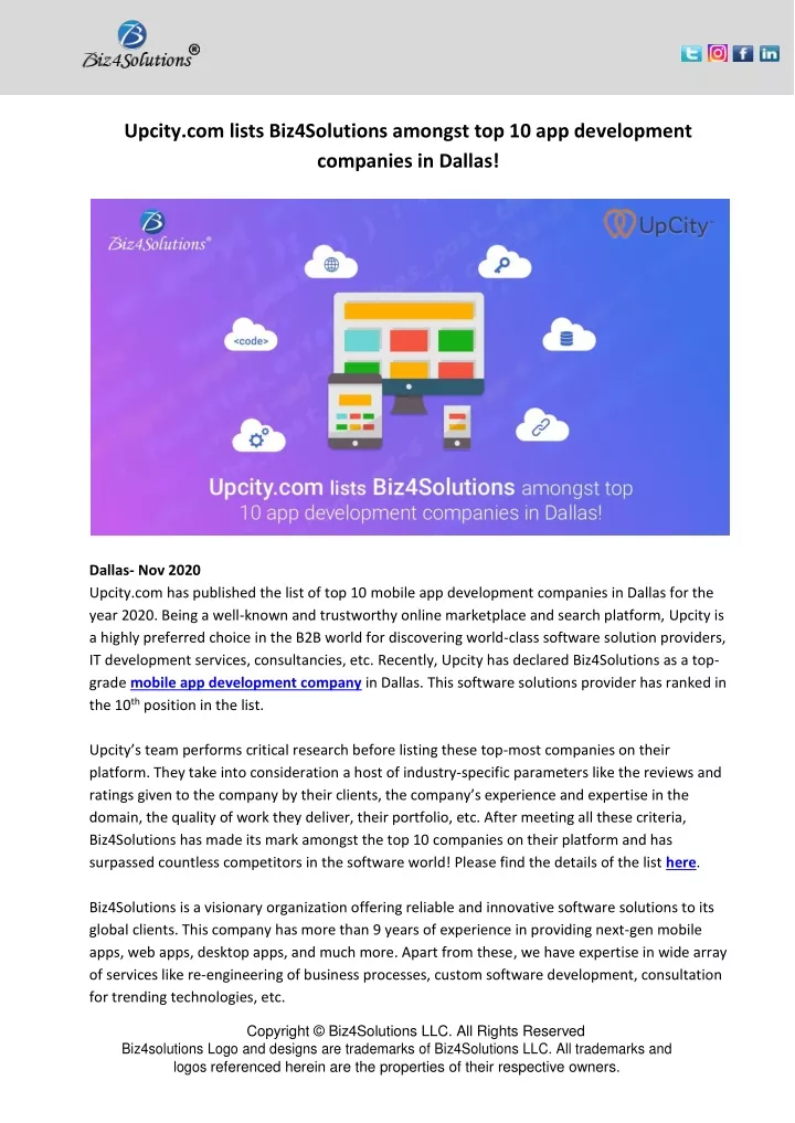 PPT - Upcity.com Lists Biz4Solutions Amongst Top 10 App Development ...