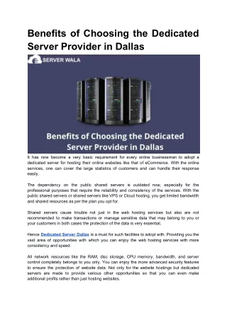 Benefits of Choosing the Dedicated Server Provider in Dallas