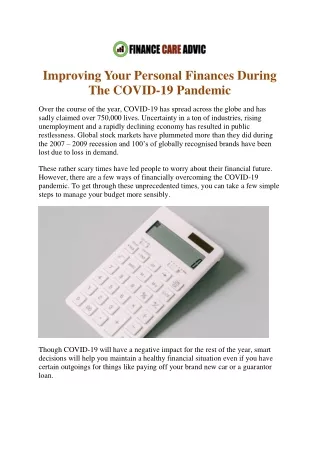 Improving Your Personal Finances During The COVID-19 Pandemic