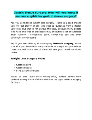 Gastric Sleeve Surgery: How will you know if you are eligible for gastric sleeve surgery?