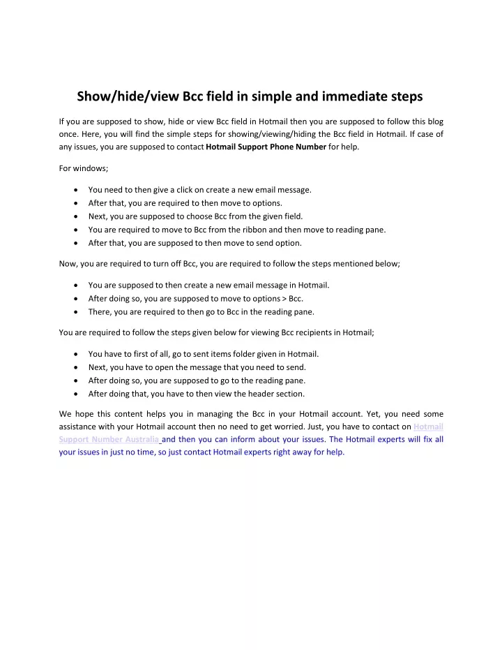 show hide view bcc field in simple and immediate