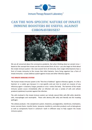 CAN THE NON-SPECIFIC NATURE OF INNATE IMMUNE BOOSTERS BE USEFUL AGAINST CORONAVIRUSES?